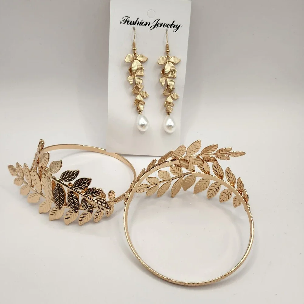 Coucoland Gold Greek Goddess Leaf Upper Arm Band Cuff Faux Pearl Earrings Set